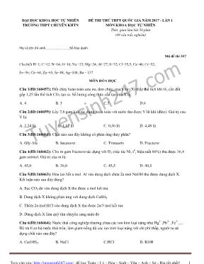 Đề thi thử THPT Quốc gia lần 1 môn Hóa học năm 2017 - Mã đề thi 357 - Trường THPT Chuyên Khoa học Tự nhiên